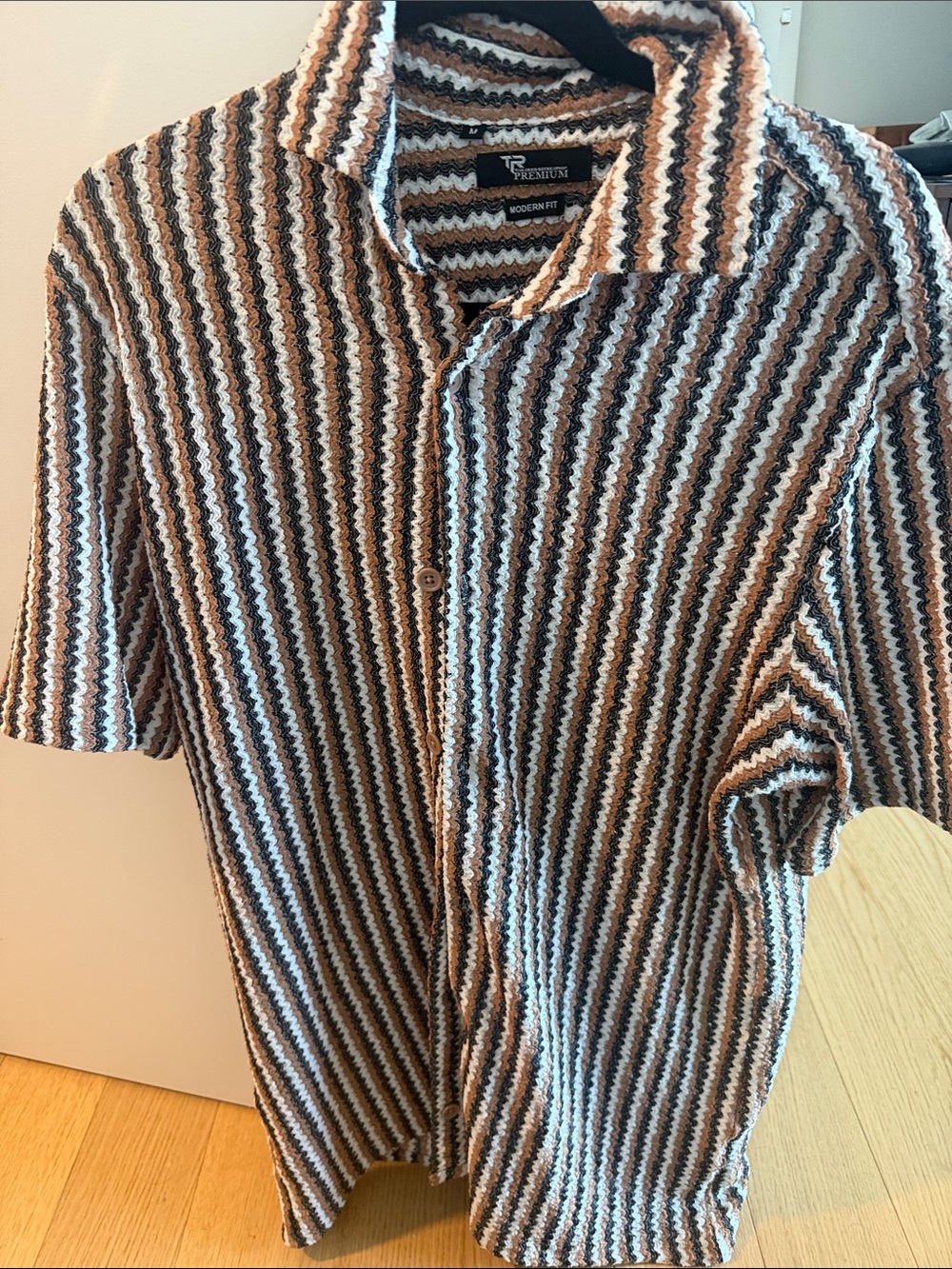 Brown Striped Knit Short-Sleeve Button-Down Shirt